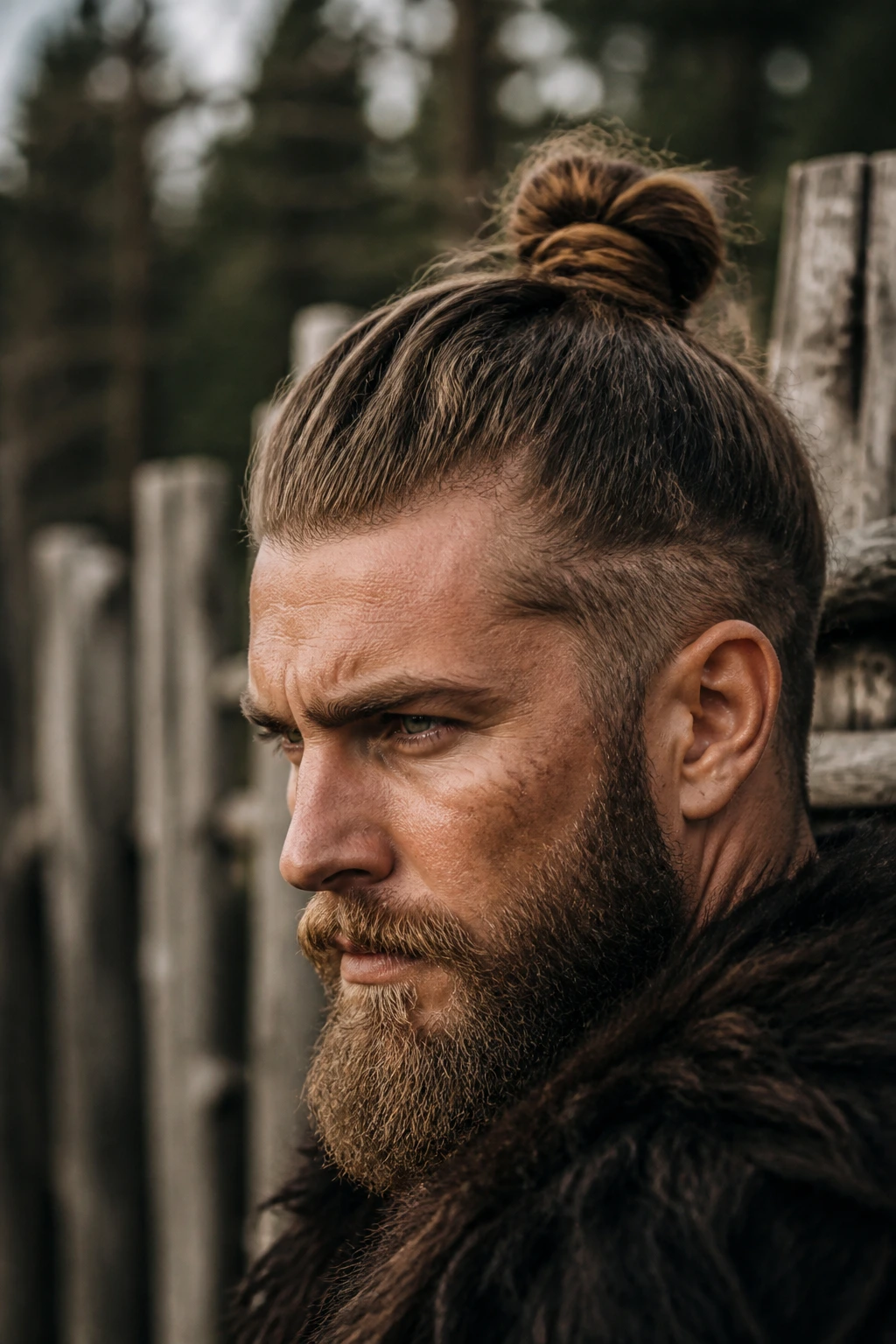 Close-up portrait of a man with a Viking knot and beard in an outdoor setting