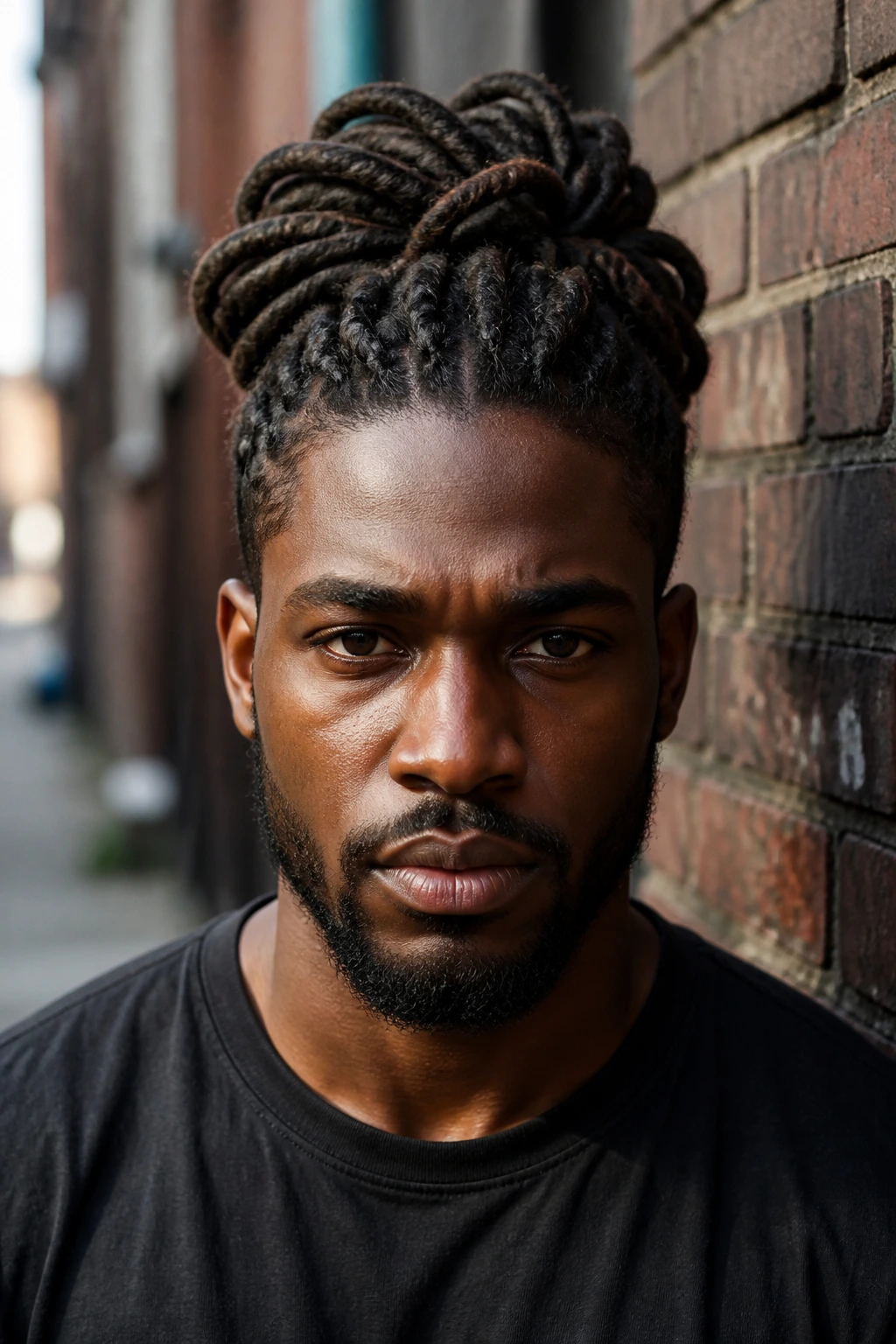 Front portrait of a man with Viking knot locs atop the head in an outdoor brick alley