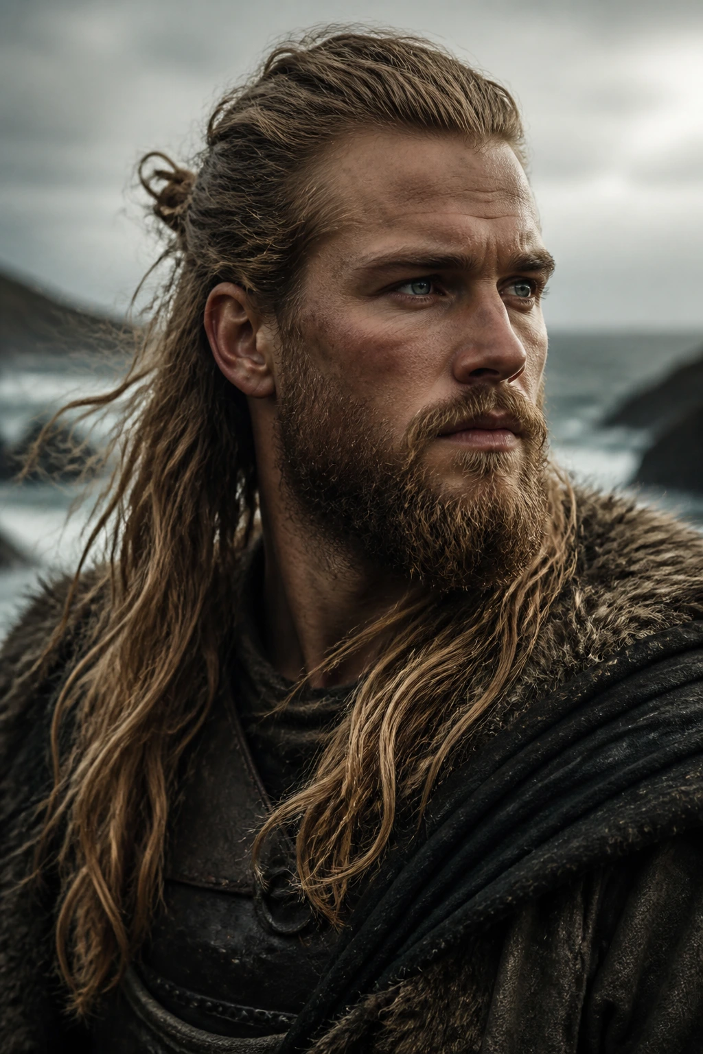 Rugged man with long windblown Viking-like hair on stormy coast