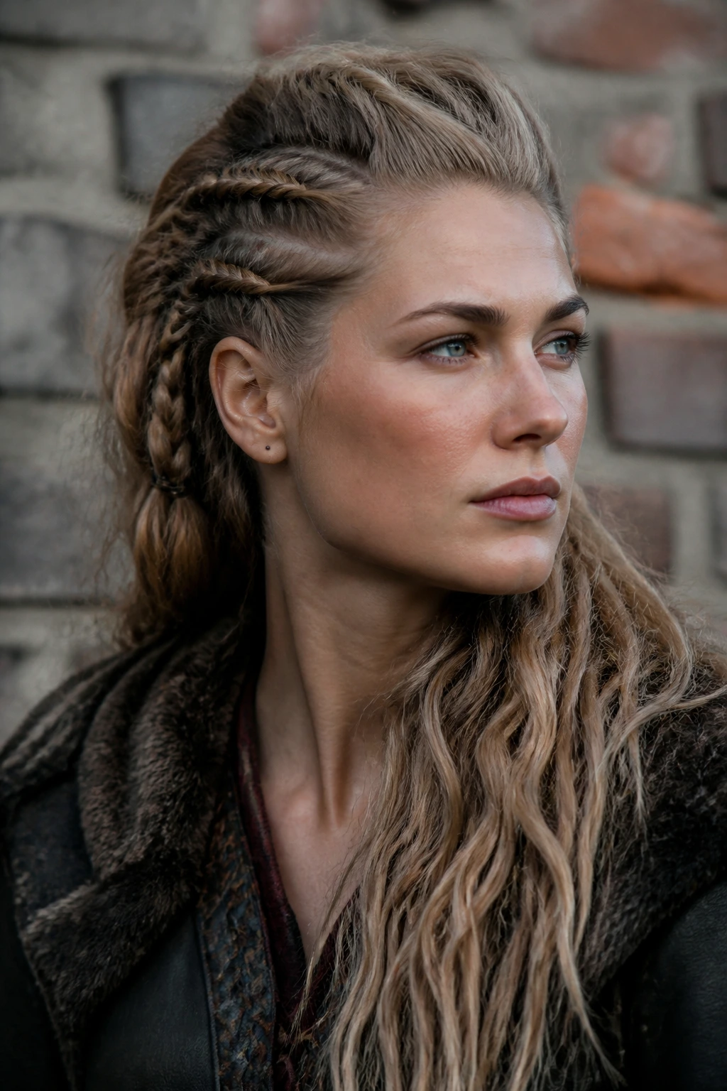 Close-up portrait of a real woman with a restrained Viking-inspired hairstyle