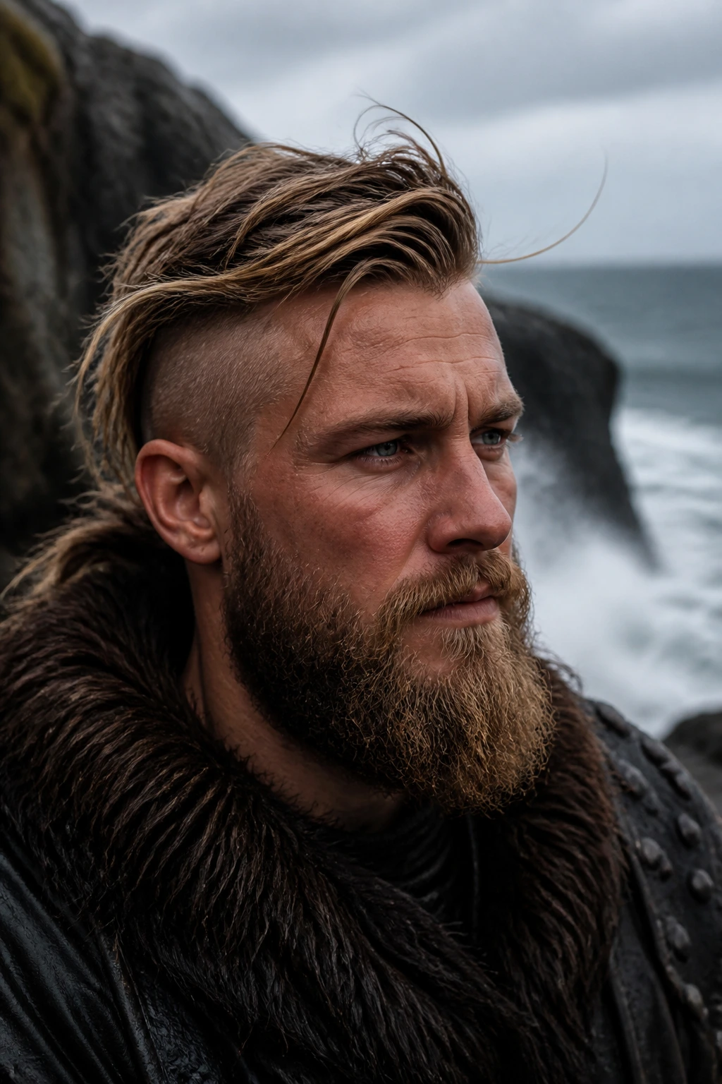 Close-up of a rugged man with wind-torn Viking hairstyle and beard by the sea
