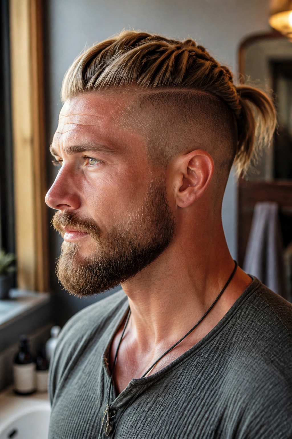 Man with sharp Viking cut, clean neckline and trimmed beard between cuts
