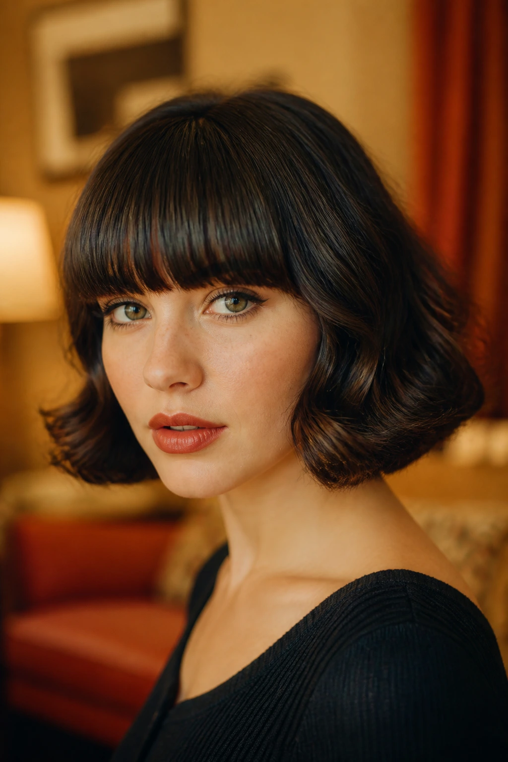 Portrait of a real woman with Vintage Bob With Full Fringe in a warm retro setting