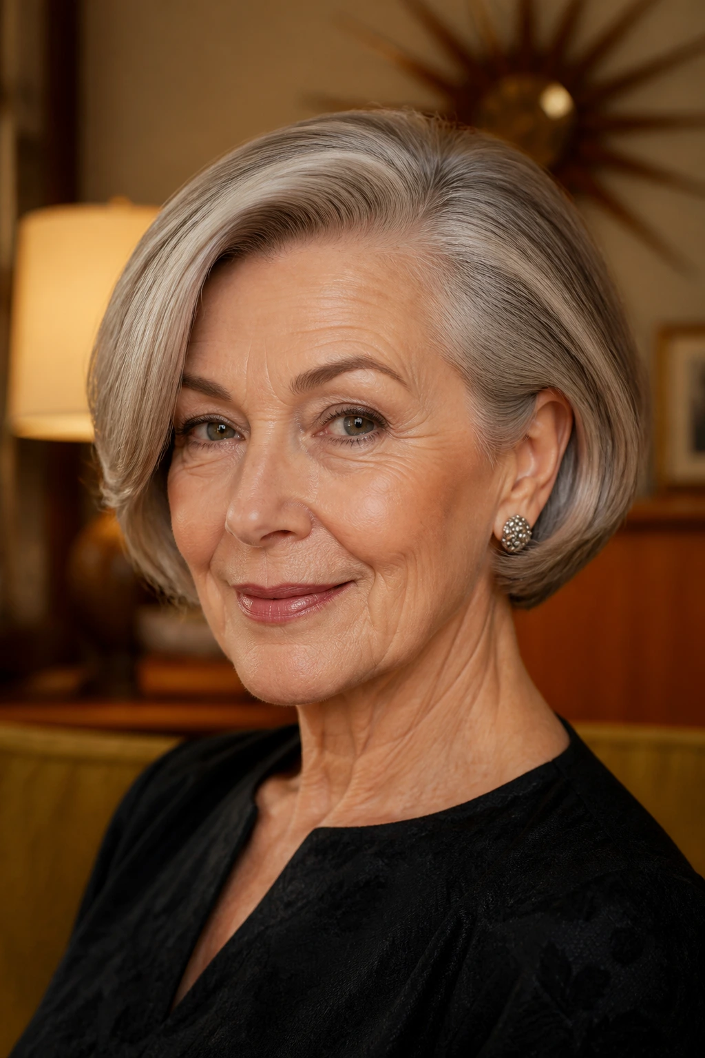Older woman with elegant vintage bob, side part and soft crown lift in warm indoor lighting