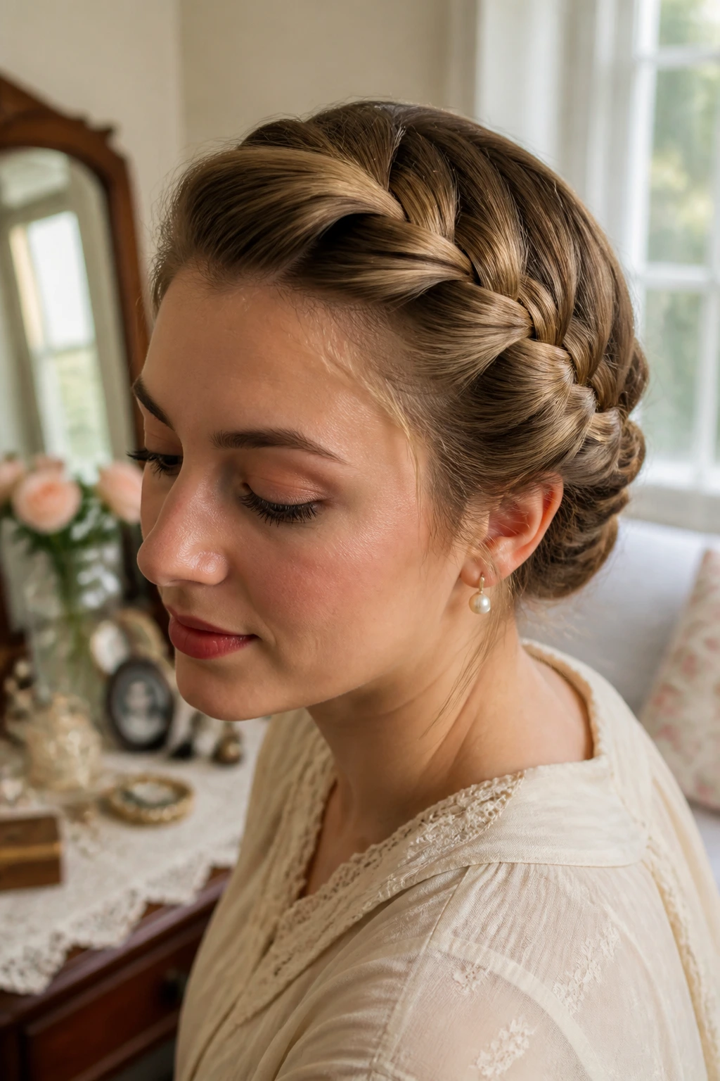 Close-up of a real woman with a vintage side French braid in a cozy vanity setting