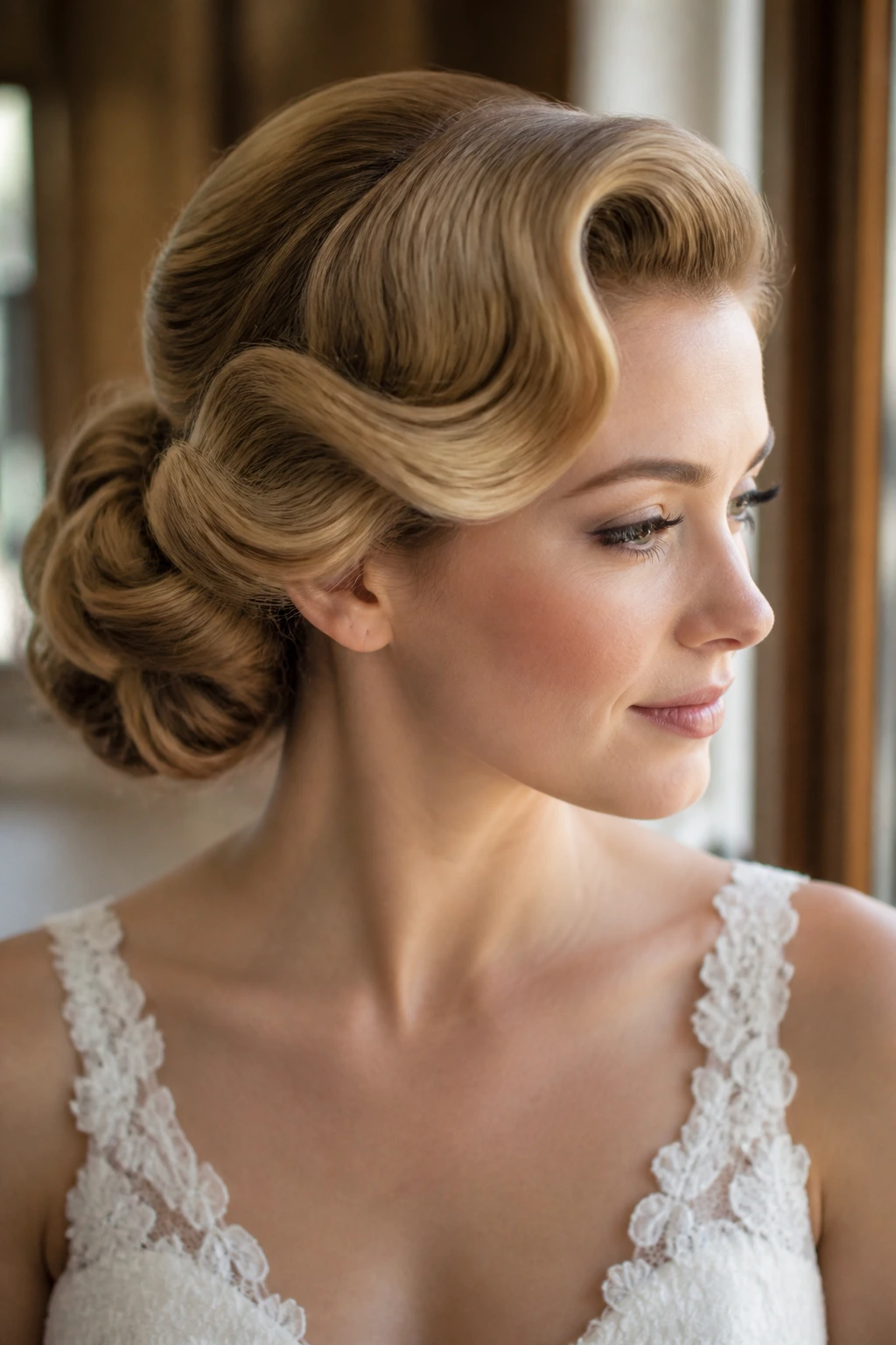 Close-up of a bride with a vintage pinned hairstyle.