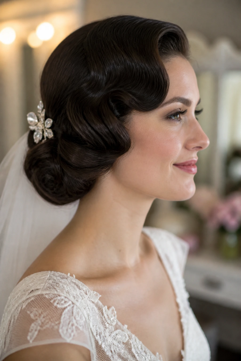 Close-up of a real bride with crisp vintage hairstyle