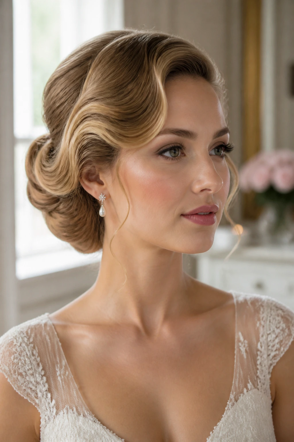 Close-up of a real bride with a structured vintage hairstyle in a warmly lit bridal suite