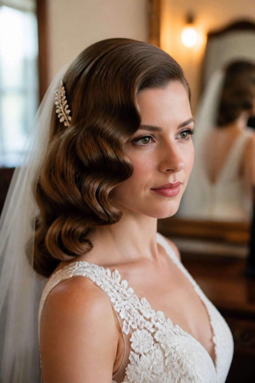 Close-up of a bride showing vintage bridal hairstyle silhouette