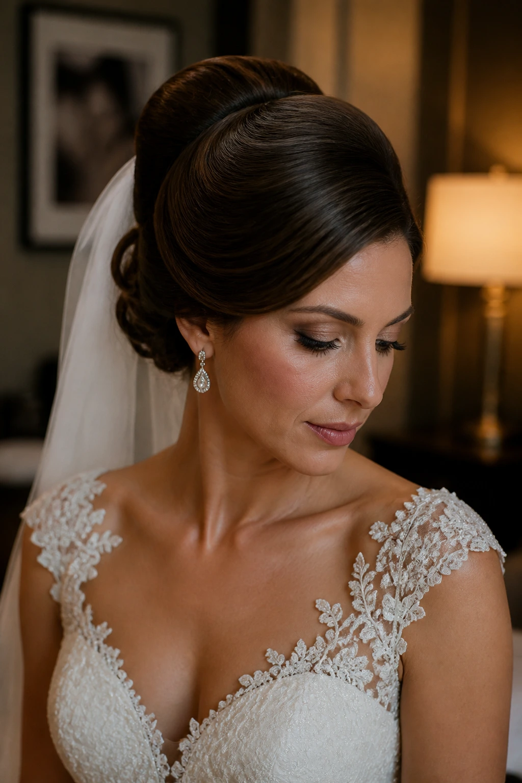 Close-up bride with structured vintage updo and crown volume in warm hotel suite light
