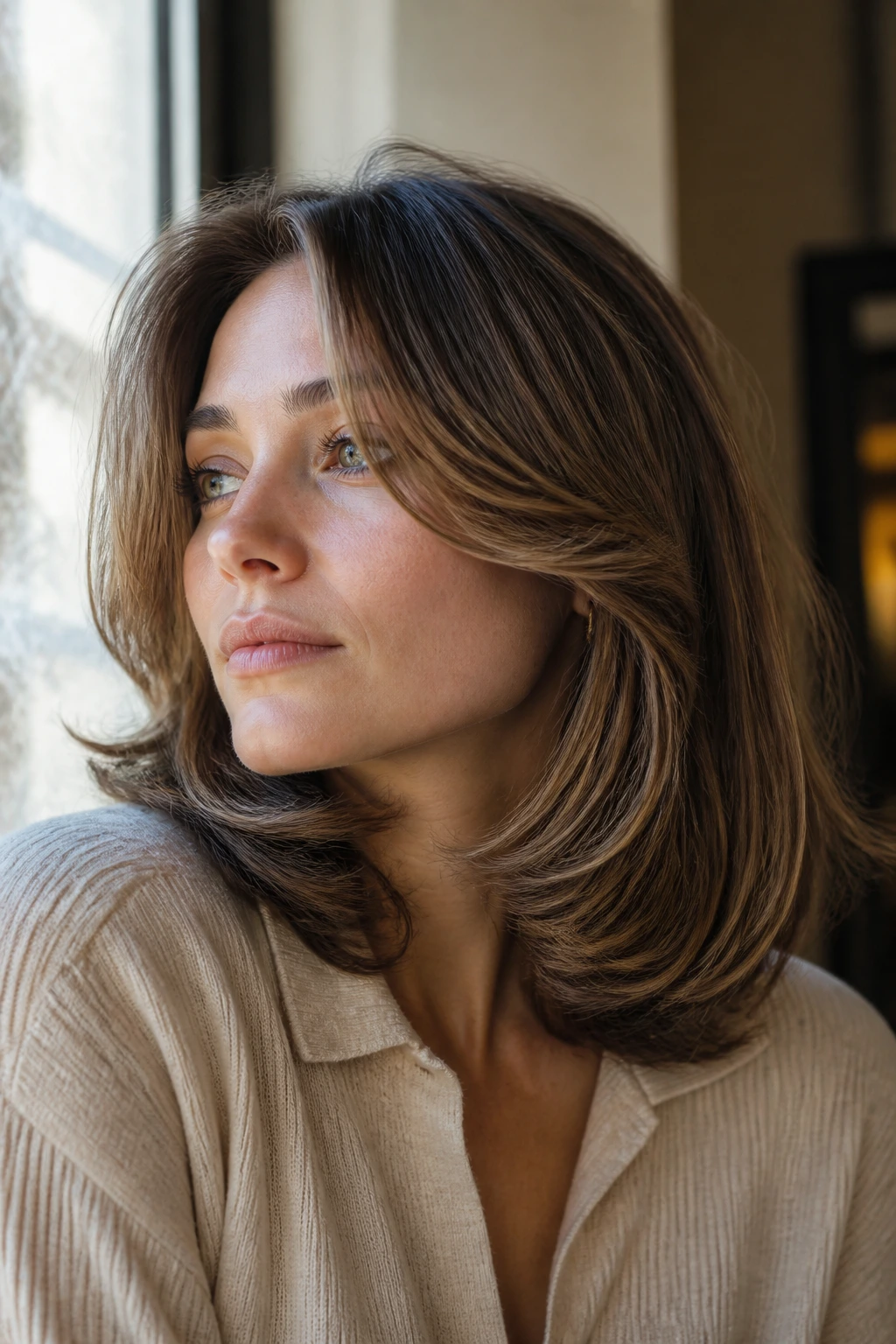 Portrait of a real person with vintage face-framing layers and a soft cheek-bend