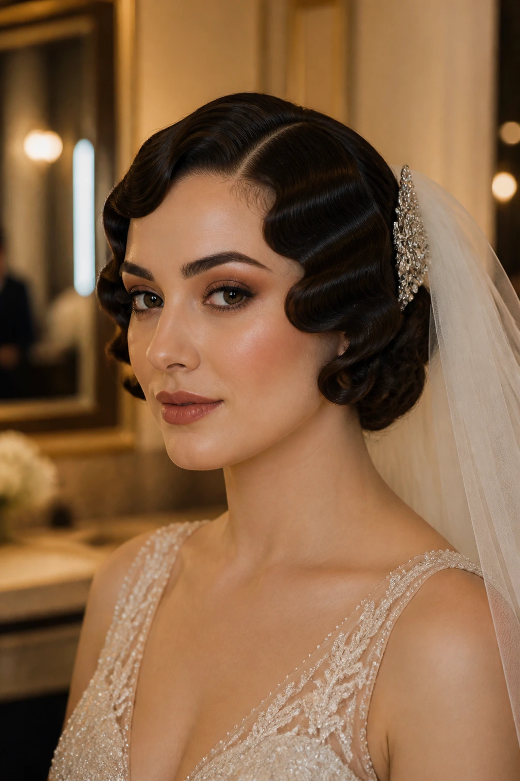 Bride with vintage finger waves in an Art Deco setting