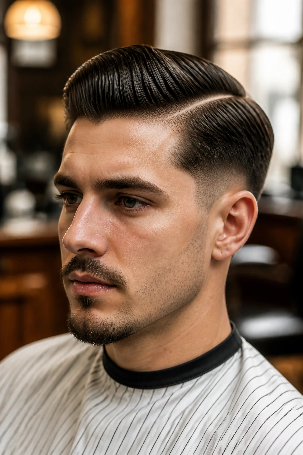 Close-up portrait of a man with classic vintage haircut in a barber shop