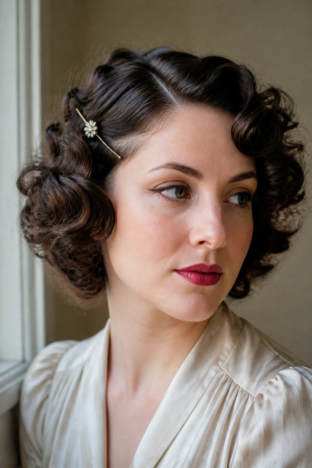 Close-up portrait of a real woman with a vintage curly hairstyle and a decorative hairpin at the temple