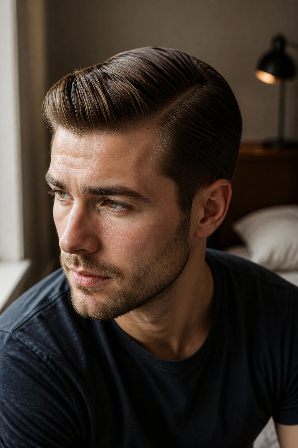 Close-up of a man with a classic vintage side-part on real hair.
