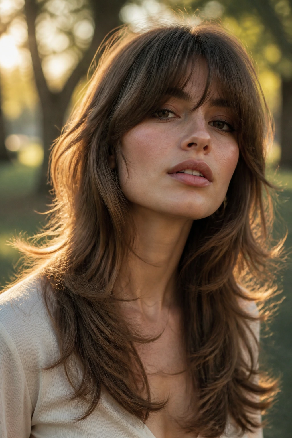 Portrait of a person with vintage-inspired long shag with feathered layers