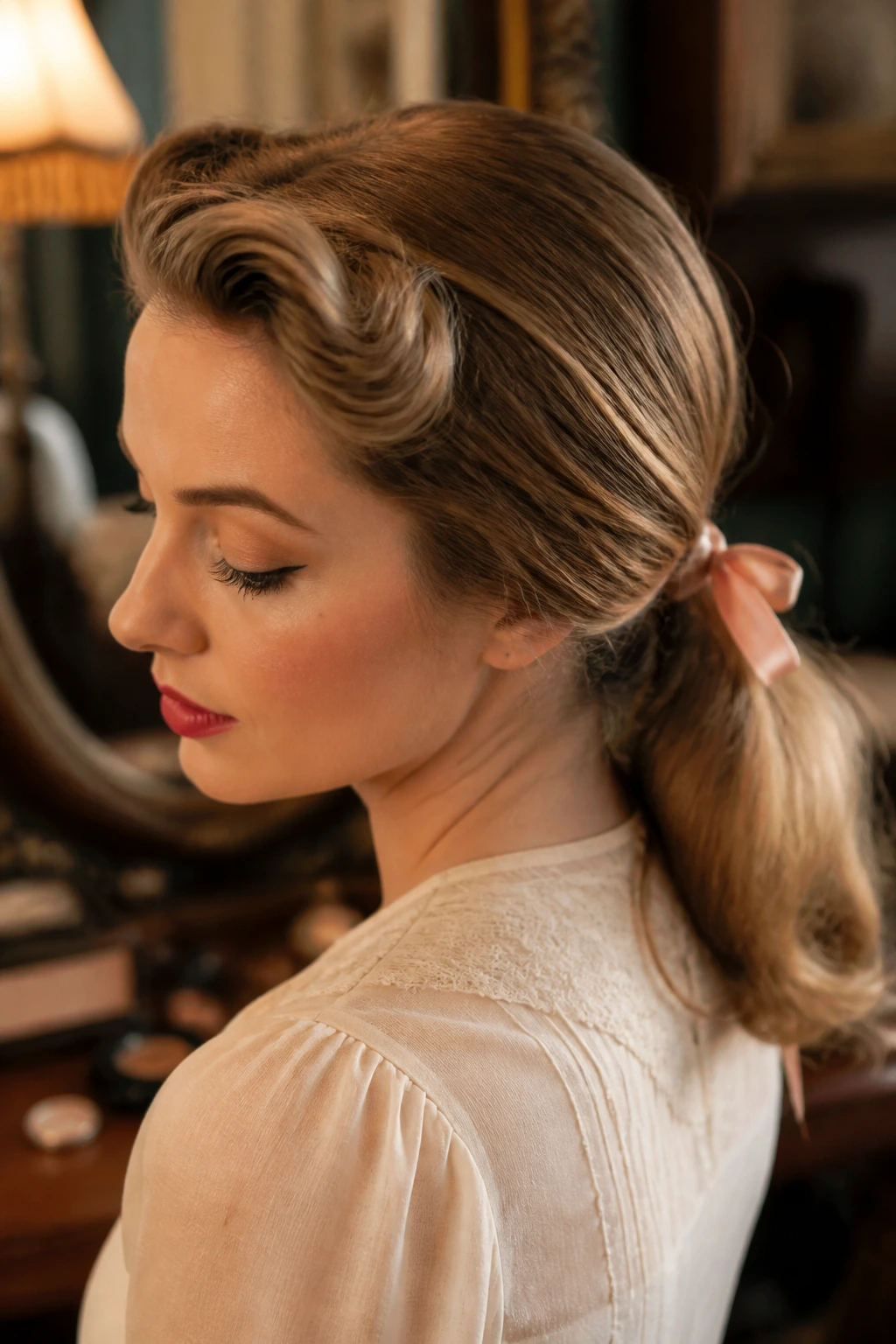 Close-up of a woman with vintage cues in a low ponytail, demonstrating why the style reads as vintage.