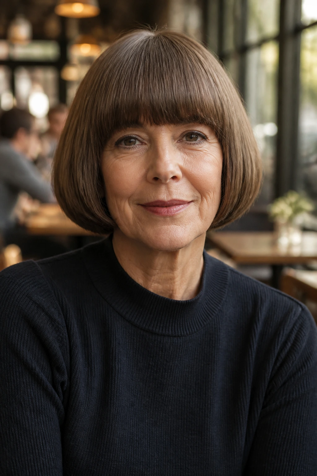 Close-up of vintage pageboy bob with full rounded fringe on a real woman in a cafe setting.