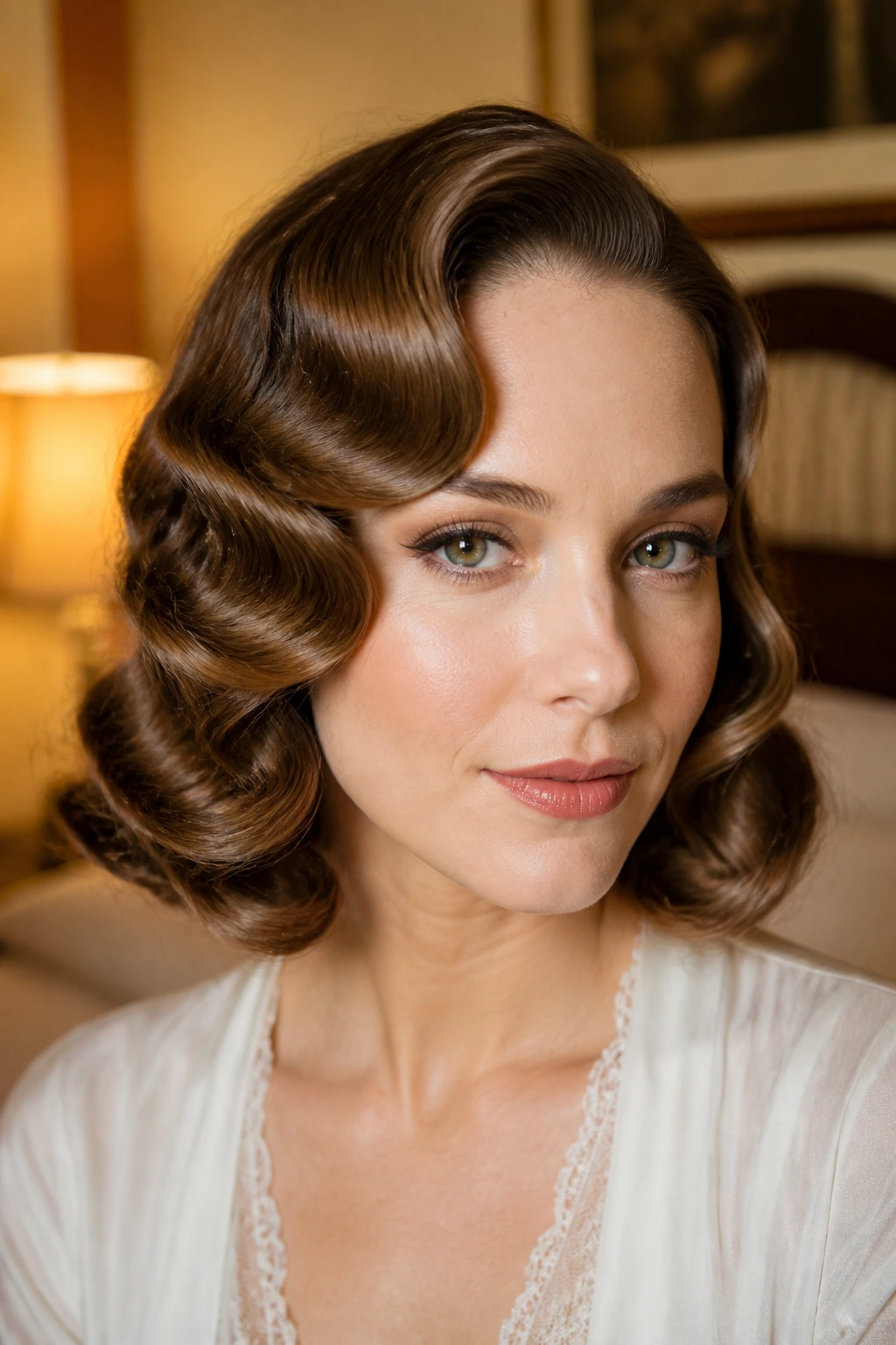Real woman with vintage pin-curl waves framing the face