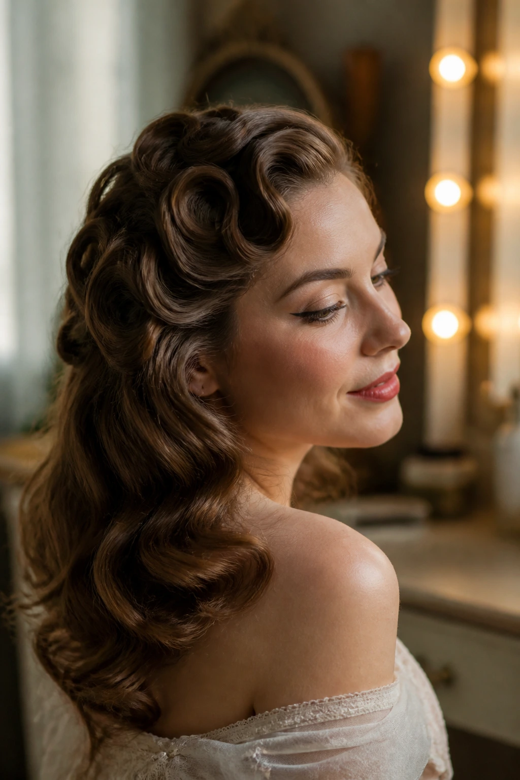 Close-up of loose waves from vintage pin curls on a real person