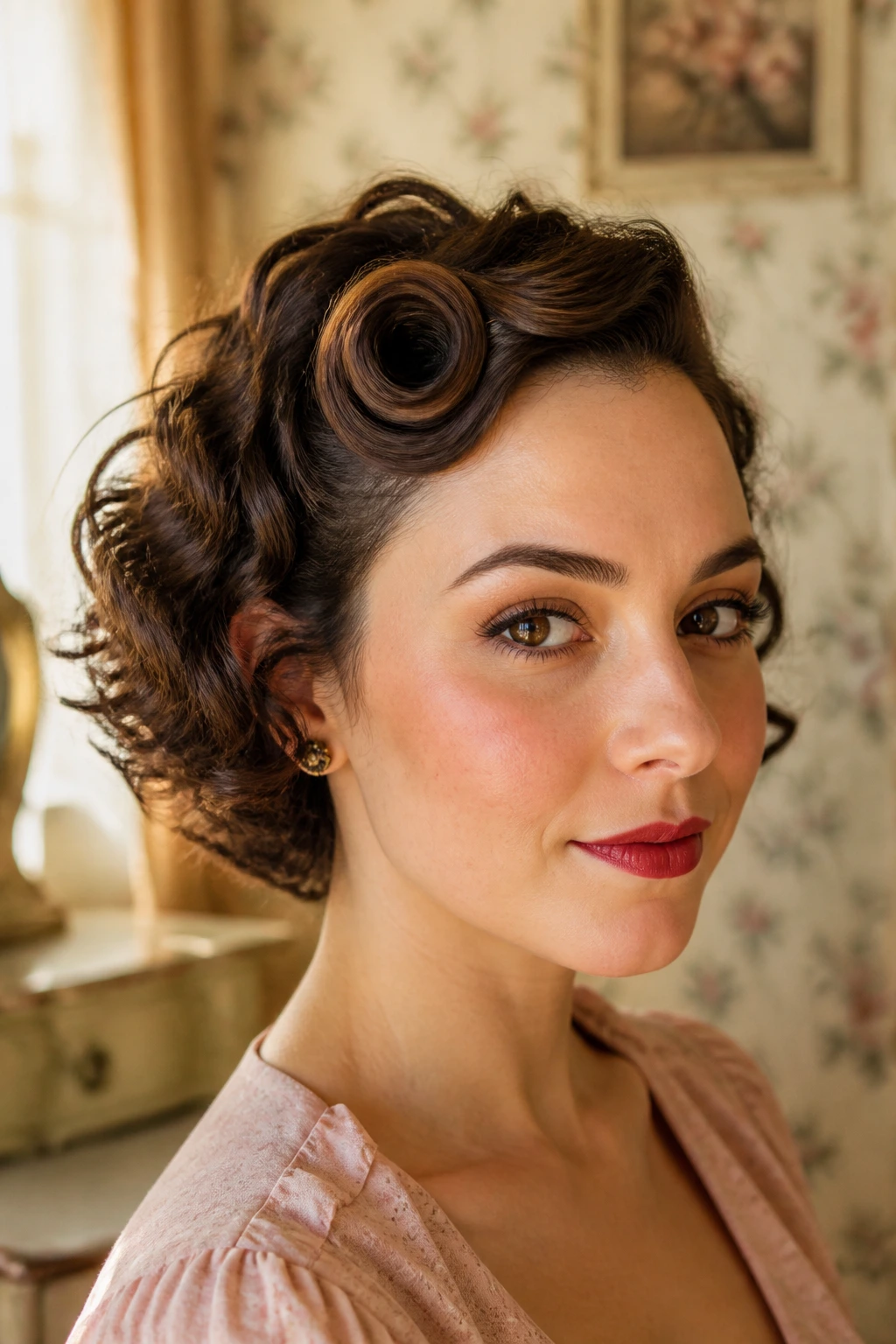 Close-up of a real woman with a vintage pin-up roll near the temple, hair pinned flat and curls loose behind.
