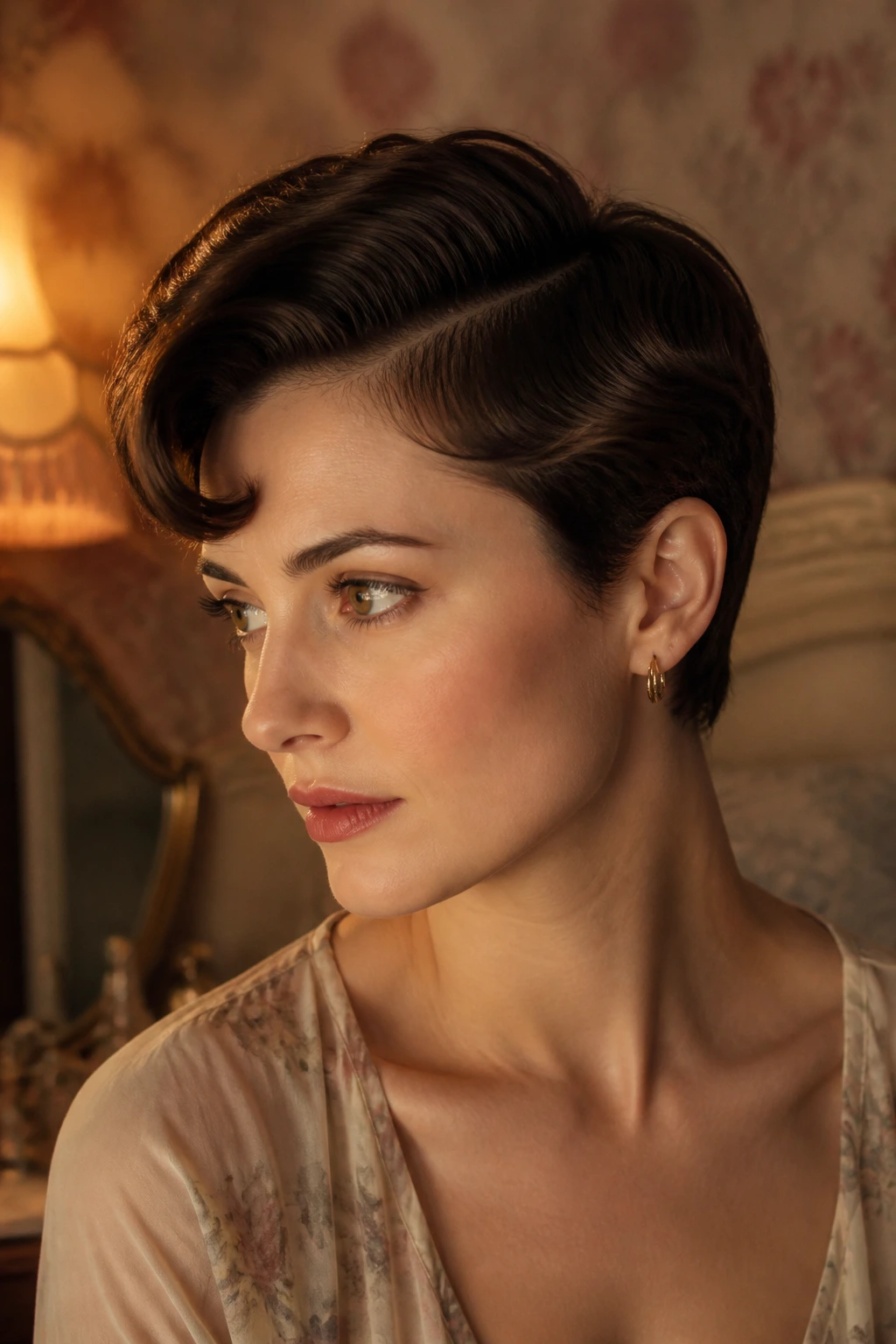 Close-up of a real woman with vintage-read pixie featuring deep side part and curved fringe