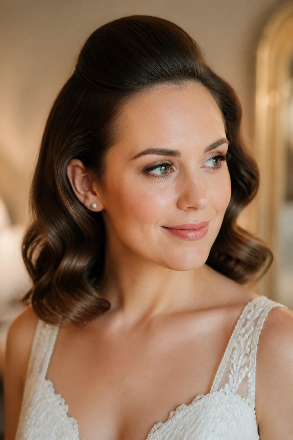 Close-up of bride's hair with subtle shine on mid-lengths and ends