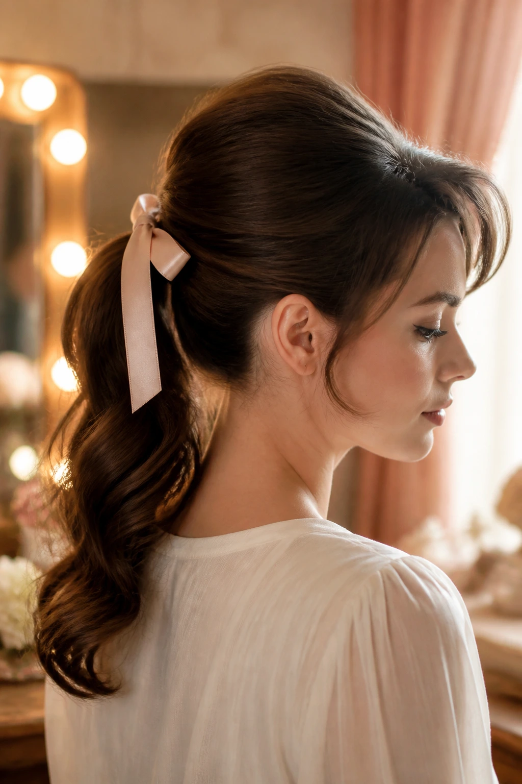 Portrait of a real person with a crown-bumped vintage ponytail