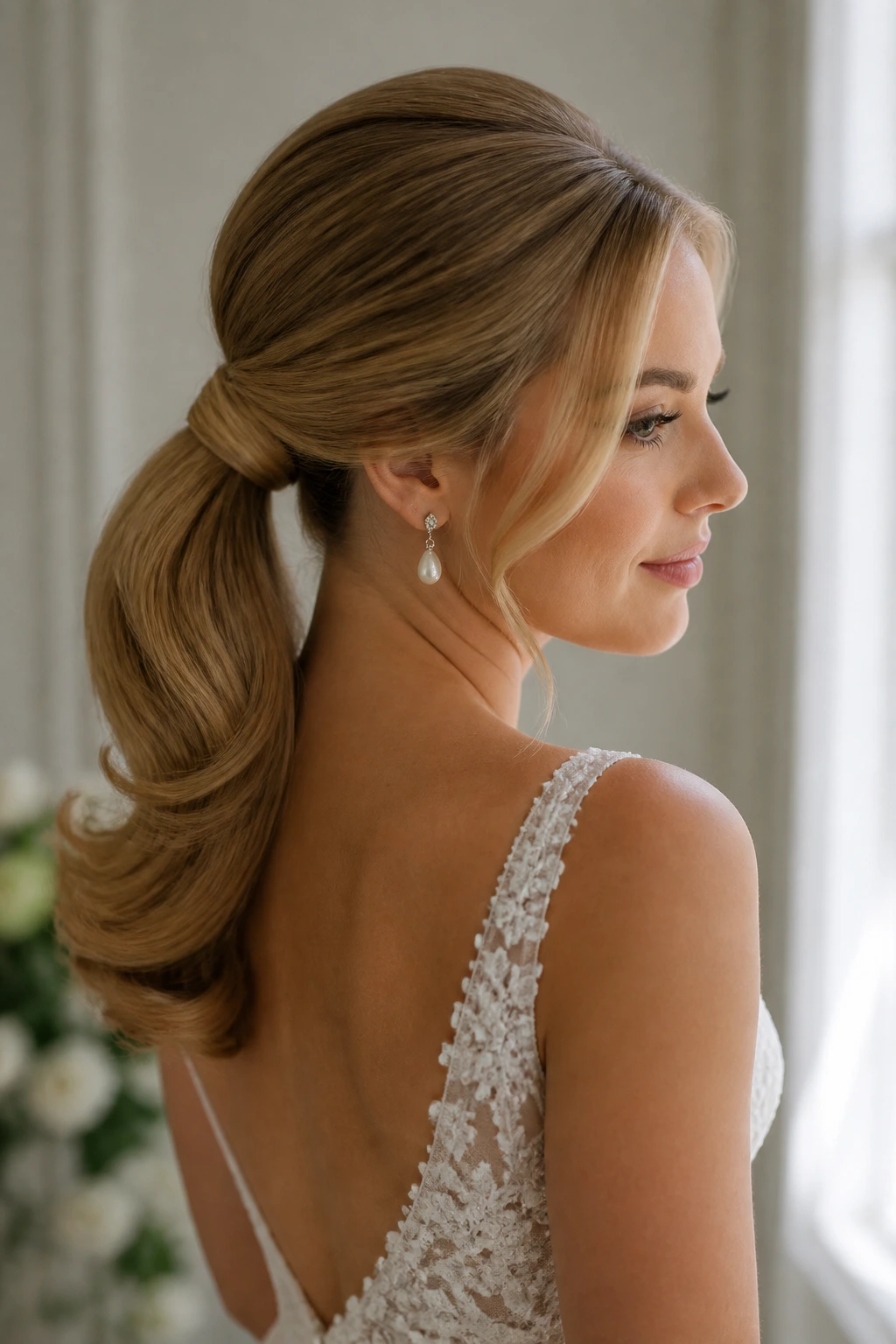 Close-up of a real bride with vintage ponytail wrapped base