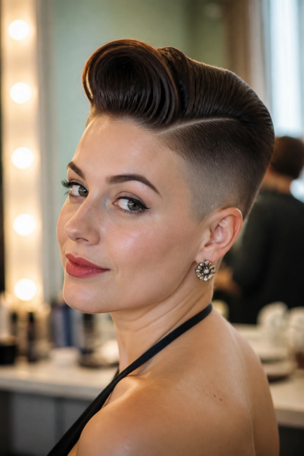 Close-up portrait of a woman with vintage roll and side fade
