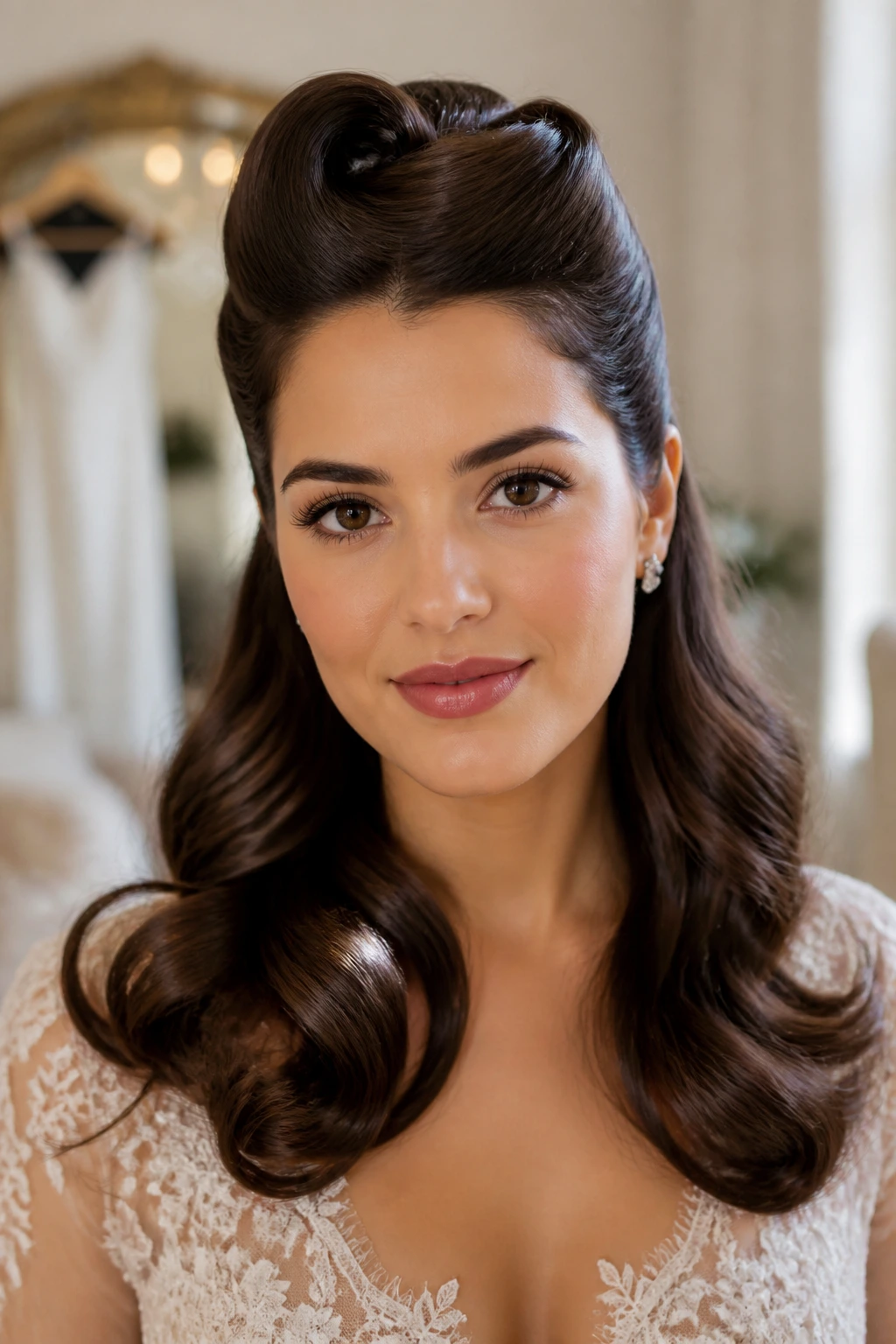 Close-up of vintage roll half up with glossy ends on a real bride