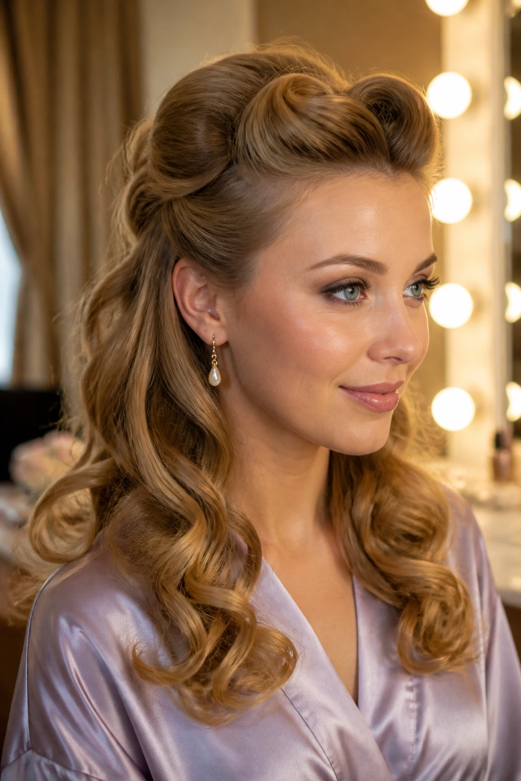 Close-up of a real woman with a vintage roll half-up hairstyle and smooth curls