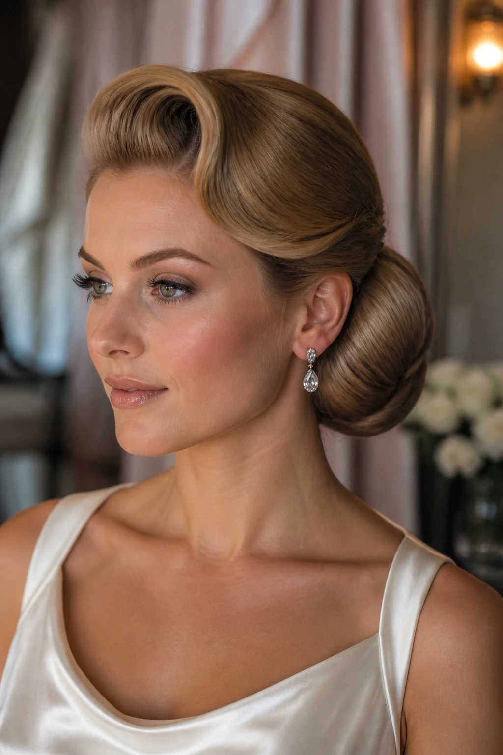 Close-up of a real bride with a vintage roll updo hairstyle