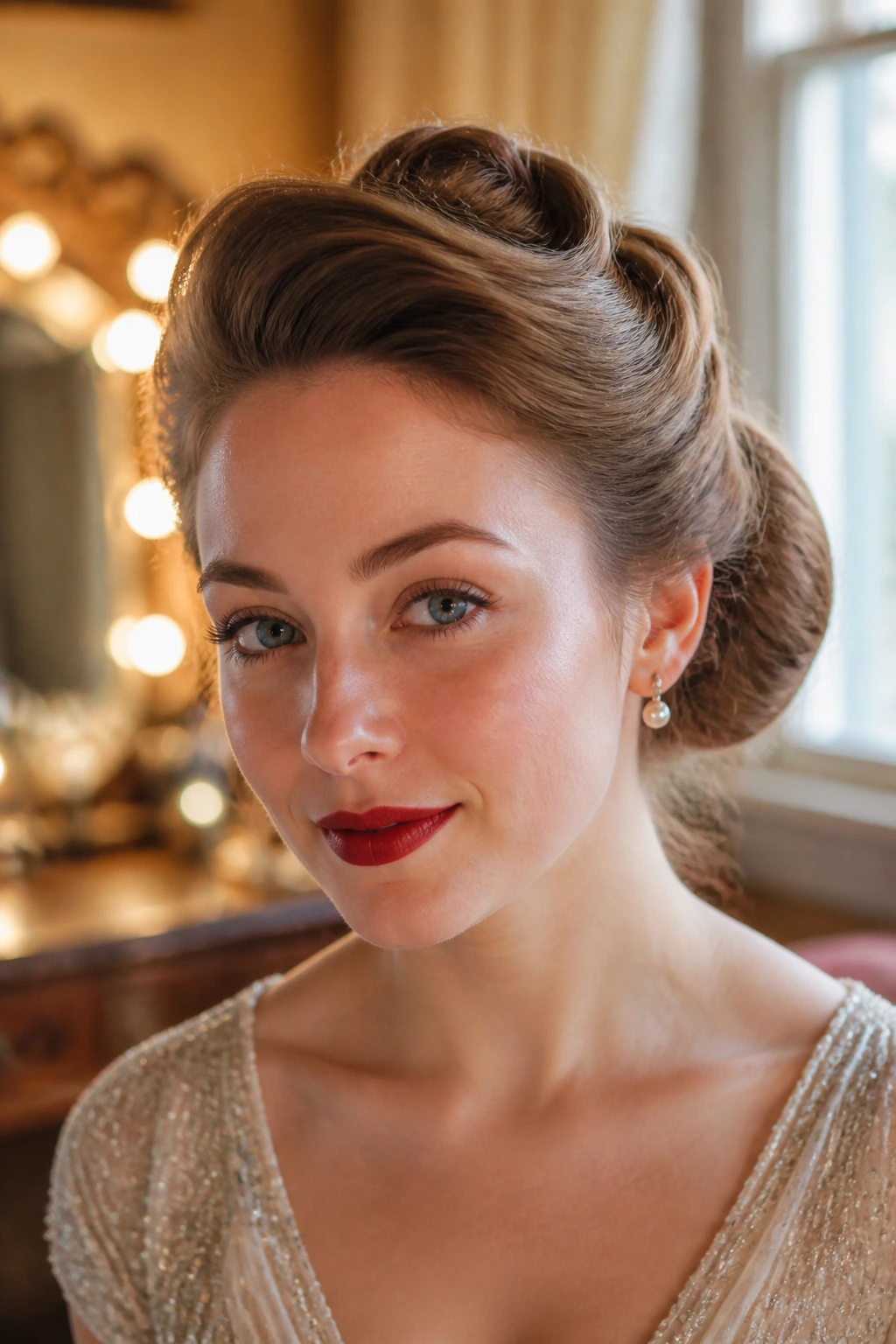 Close-up of a real woman with a vintage roll updo in a warm retro dressing room