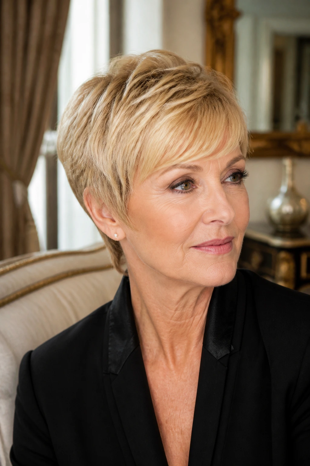 Close-up of vintage rounded blonde pixie with side-swept fringe