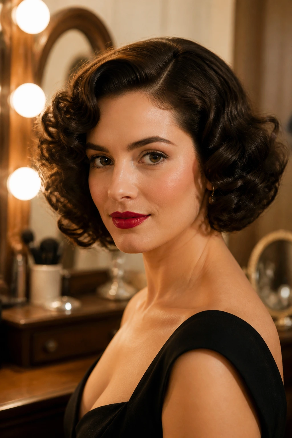 Close-up portrait of a woman with a vintage rounded curly bob and Old Hollywood bend, warm side lighting.