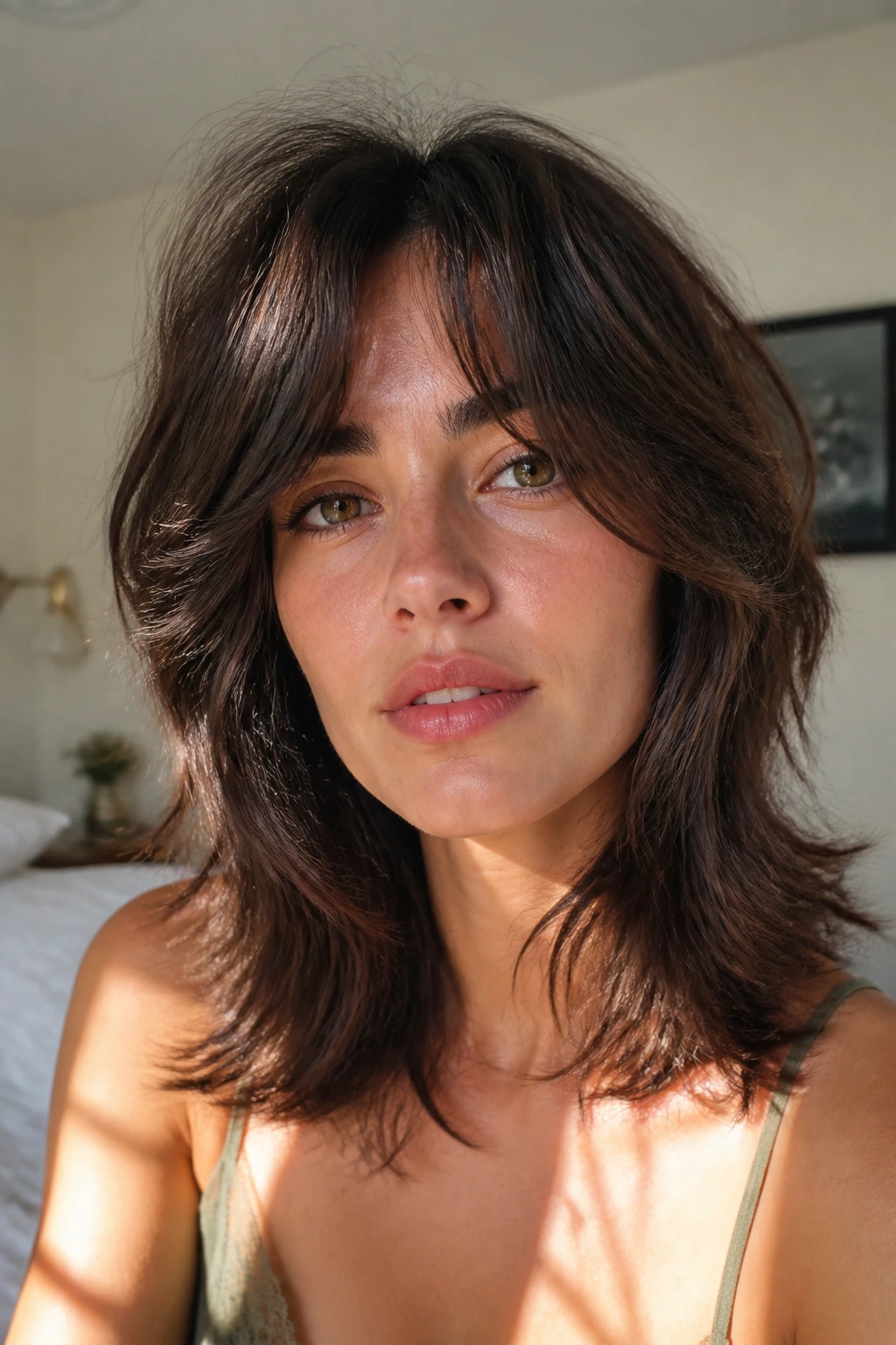 Close-up portrait of a woman with a vintage-inspired shag featuring cheekbone-length layers and curtain fringe.