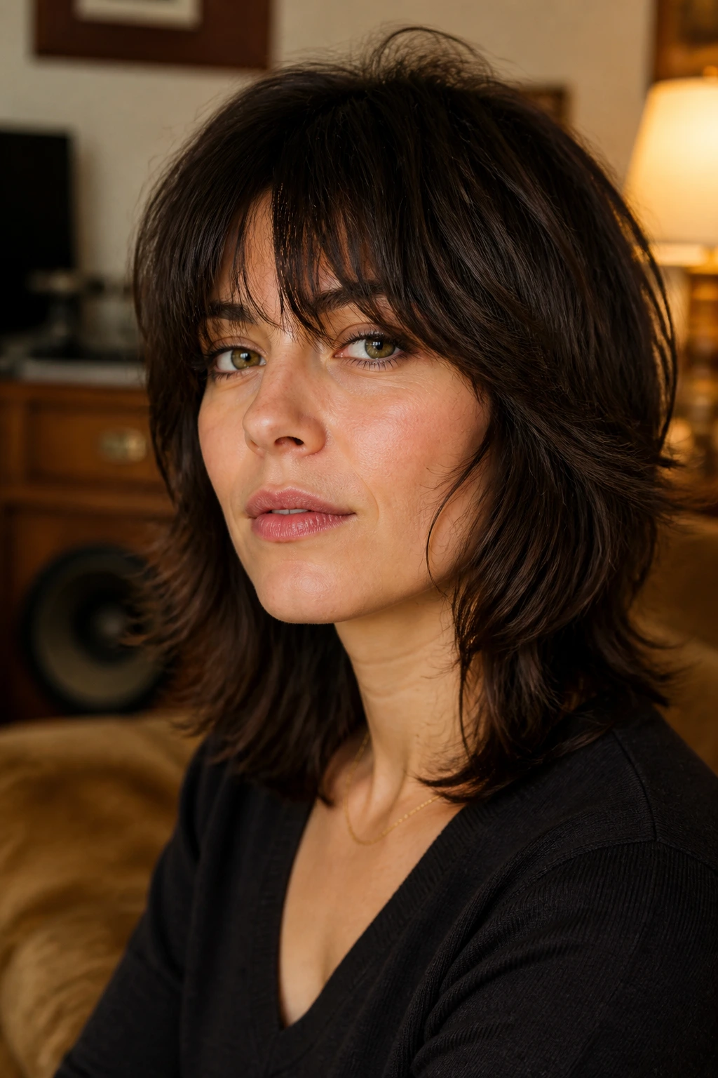 Portrait of a woman with a structured vintage shag haircut in a warm home setting
