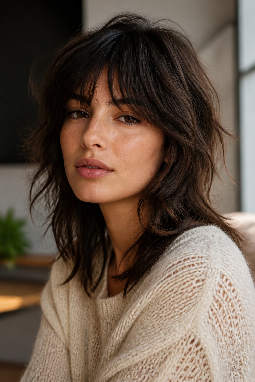 Portrait of person with vintage shag showing texture and face-framing pieces