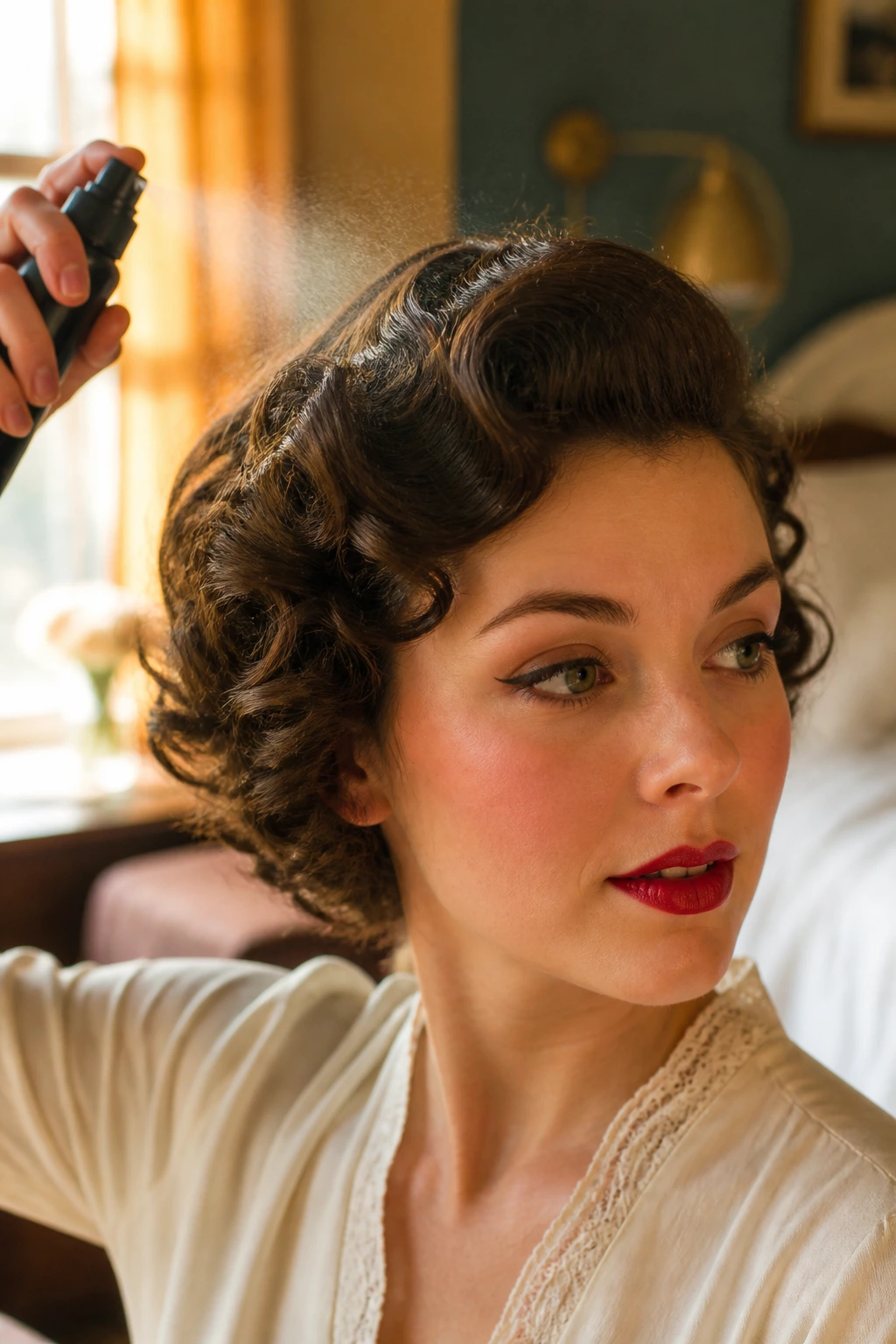 Close-up of a woman with short vintage curls being misted in a softly lit bedroom.