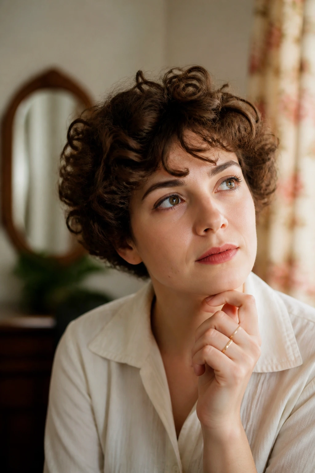 Thoughtful portrait exploring questions about vintage short curls.