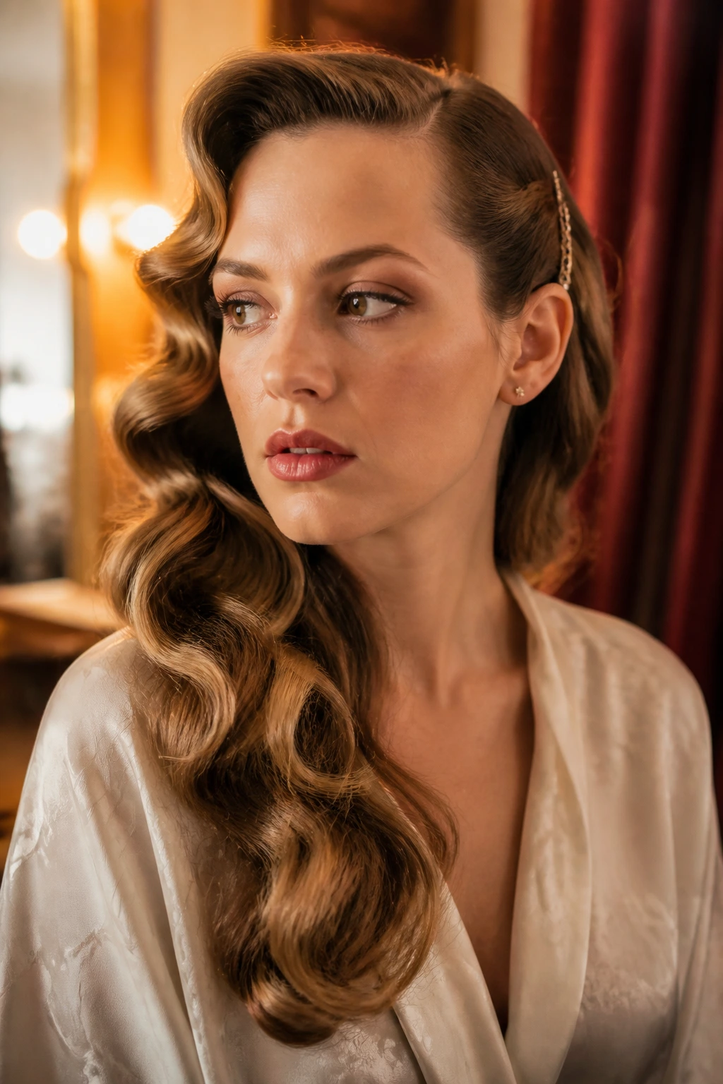 Close-up portrait of a real woman with vintage side-sweep waves, one side pinned.