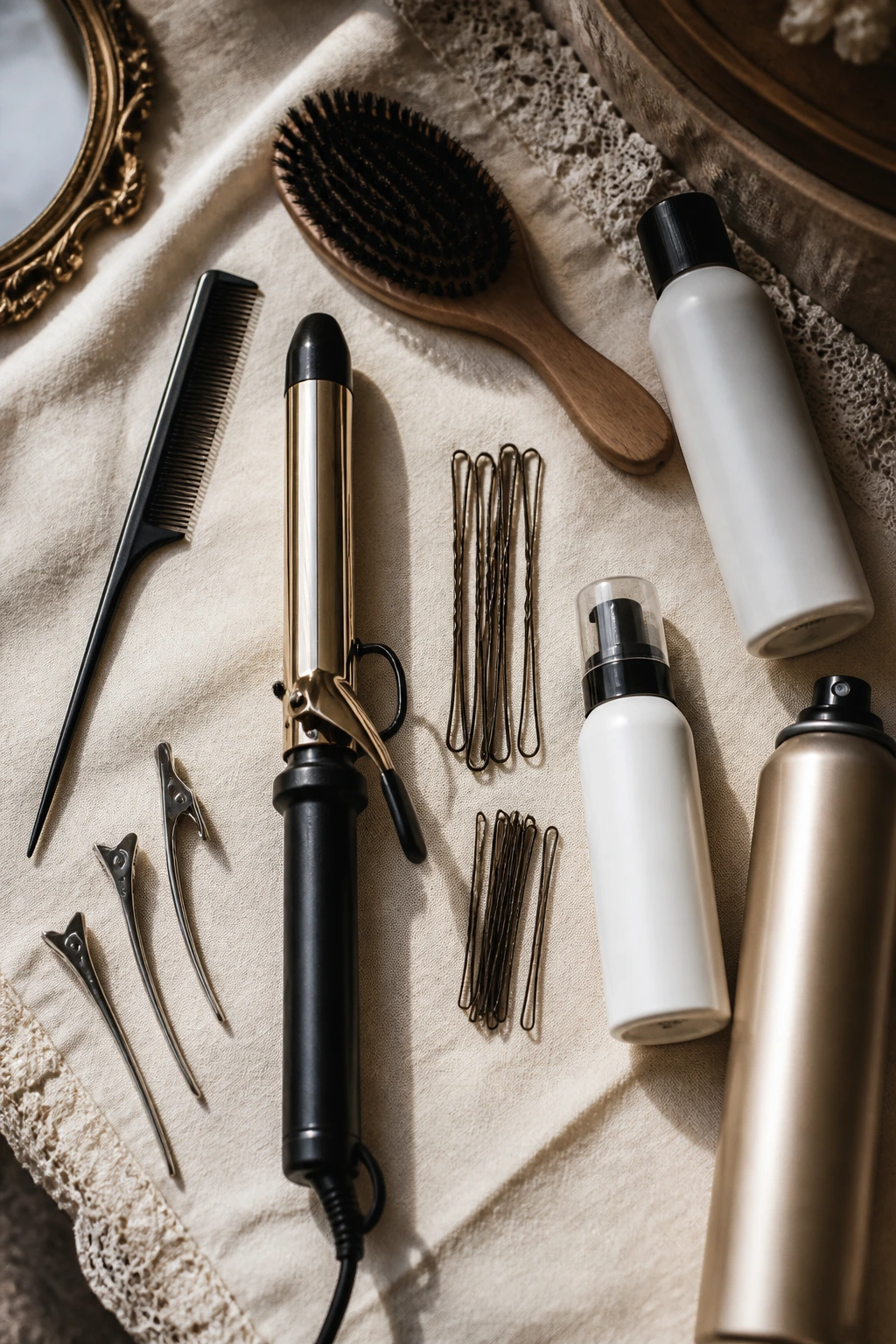 Flat lay of essential vintage hairstyle tools on textured fabric.