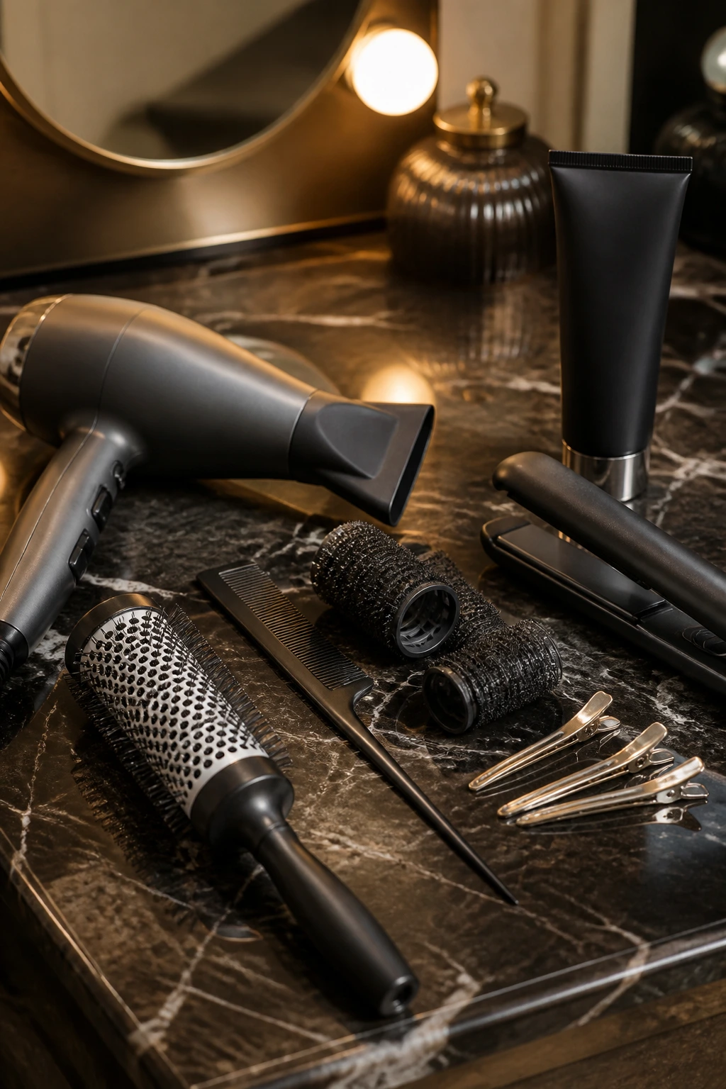 Close-up of vertical row of vintage hair styling tools arranged on a vanity
