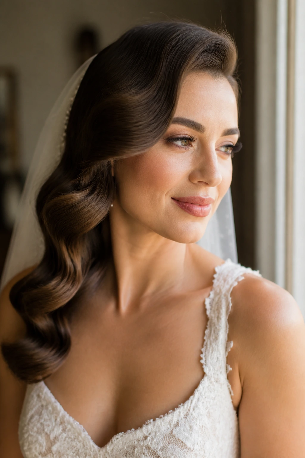 Bride with a soft screen-siren wave variant and crown volume