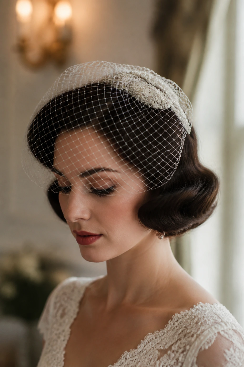 Bride with vintage veiled bob and low veil