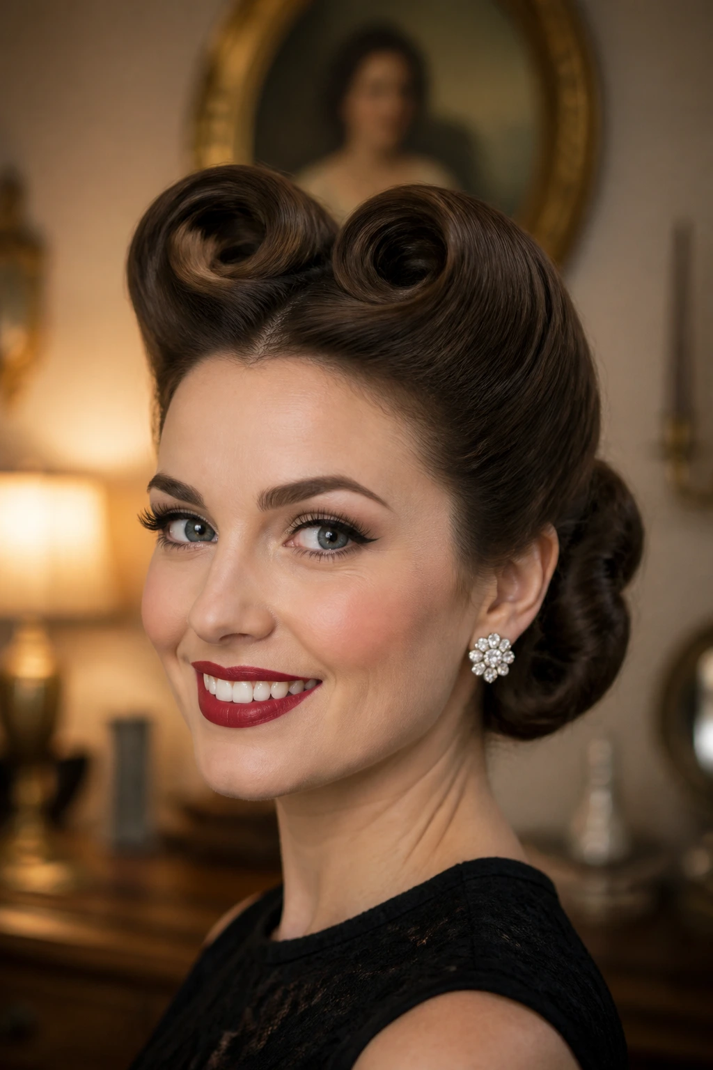 Close-up of a woman with vintage victory roll updo