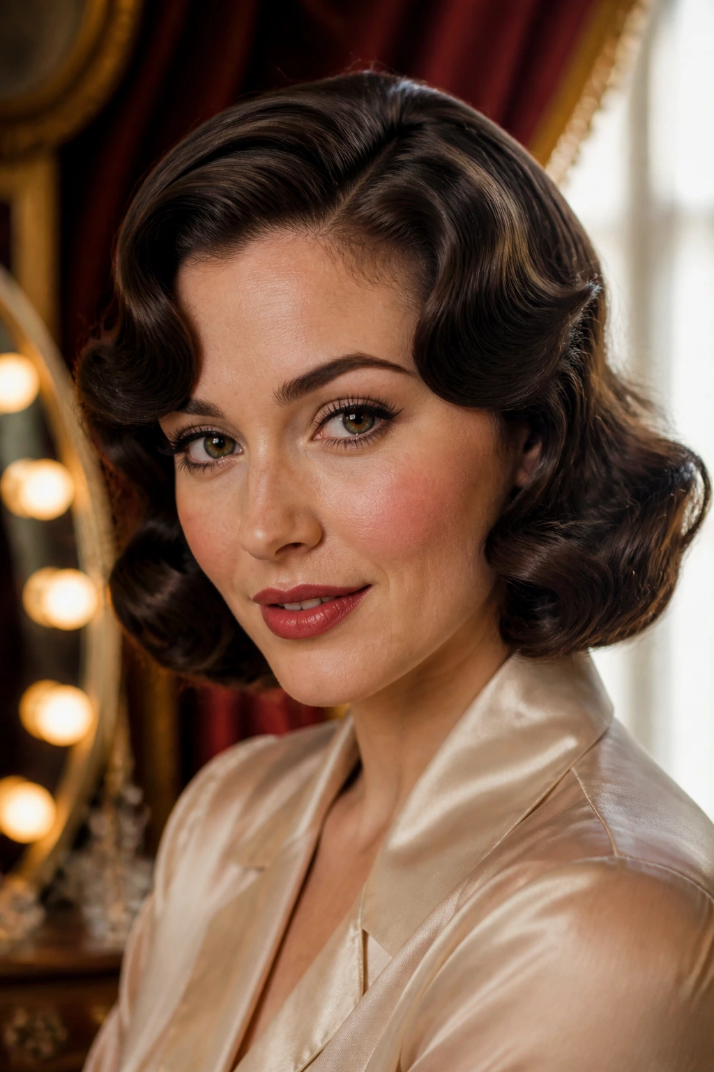 Close-up portrait of a real woman with classic finger-wave hairstyle and deep side part in a retro dressing room