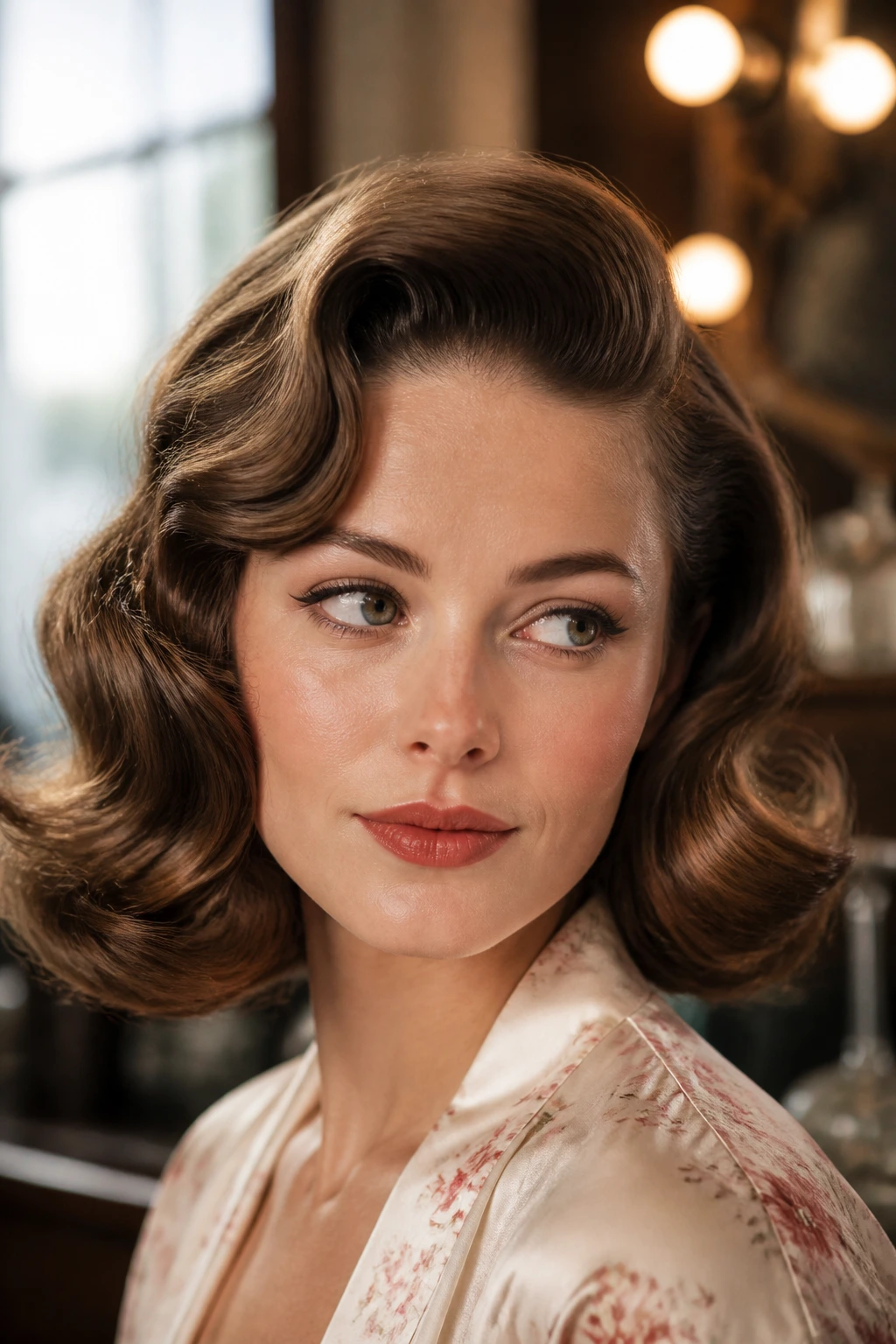 Close-up portrait of a woman with vintage-inspired waves and deep side part.