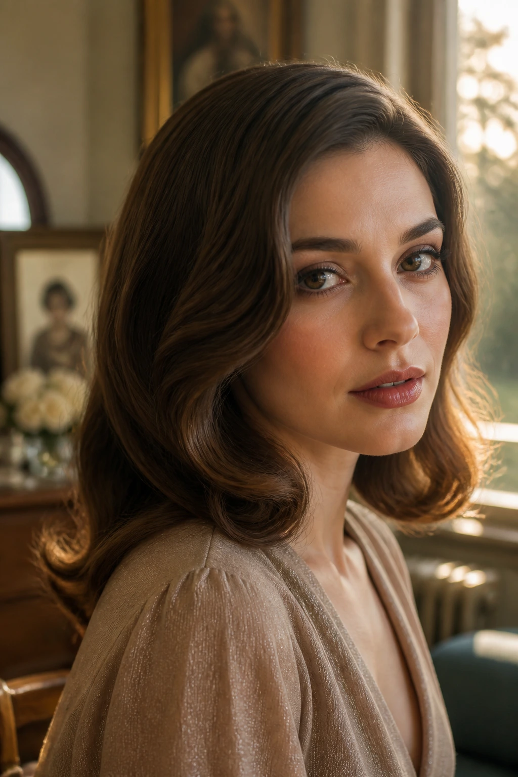 Portrait of a woman with vintage-inspired waves and a soft flip in warm light